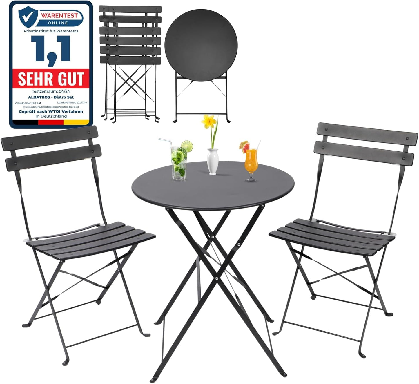 Set Bistrot da Esterno 3 Pezzi con Tavolo e 2 Sedie Pieghevoli in Metallo Nero