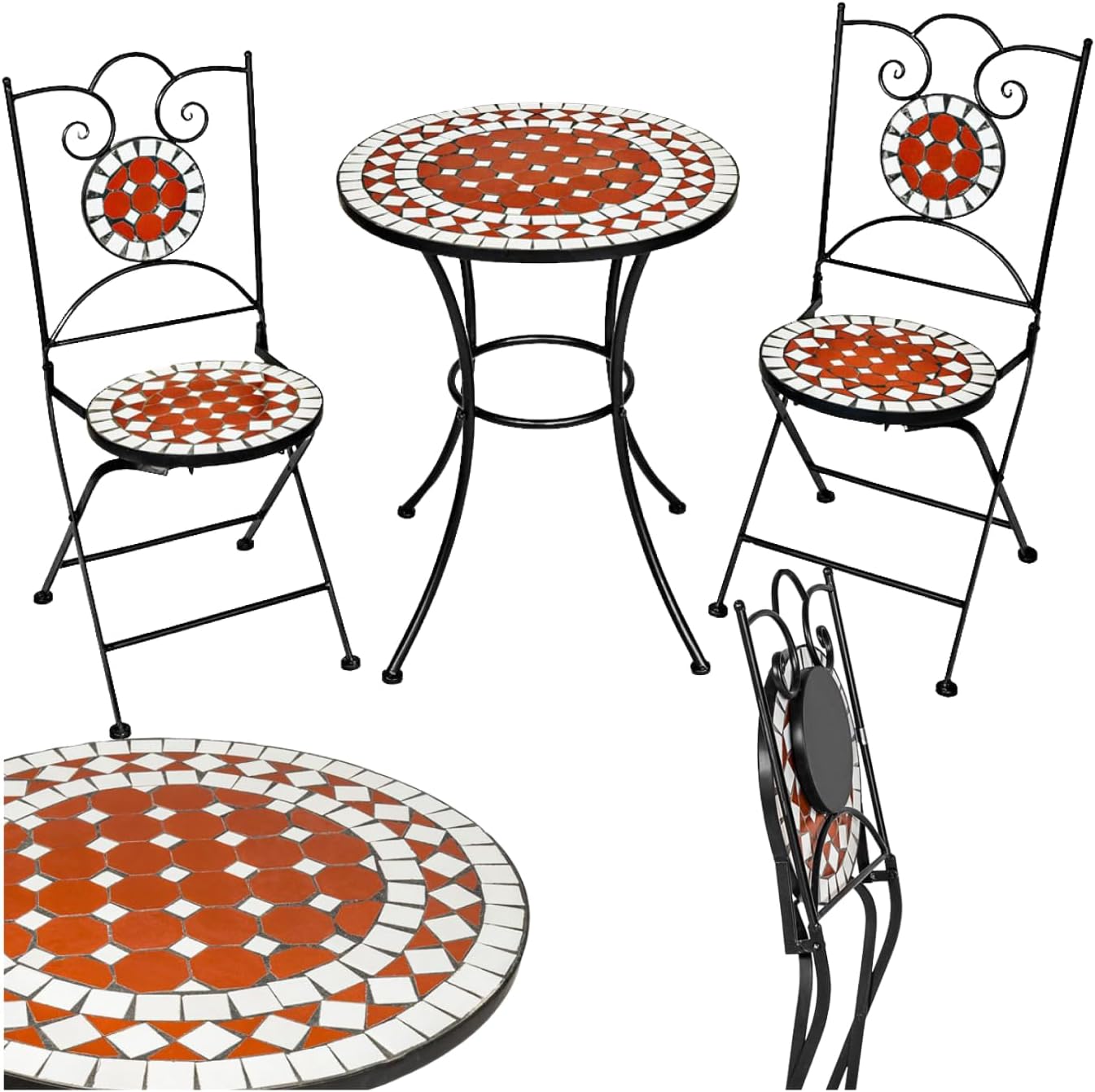 Set da esterno con tavolino e sedie pieghevoli effetto mosaico con struttura metallica marrone