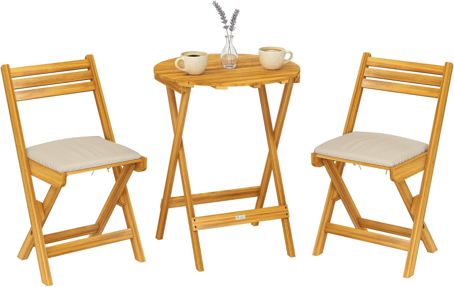 Set da esterno pieghevole in legno acacia con tavolo e due sedie per giardino