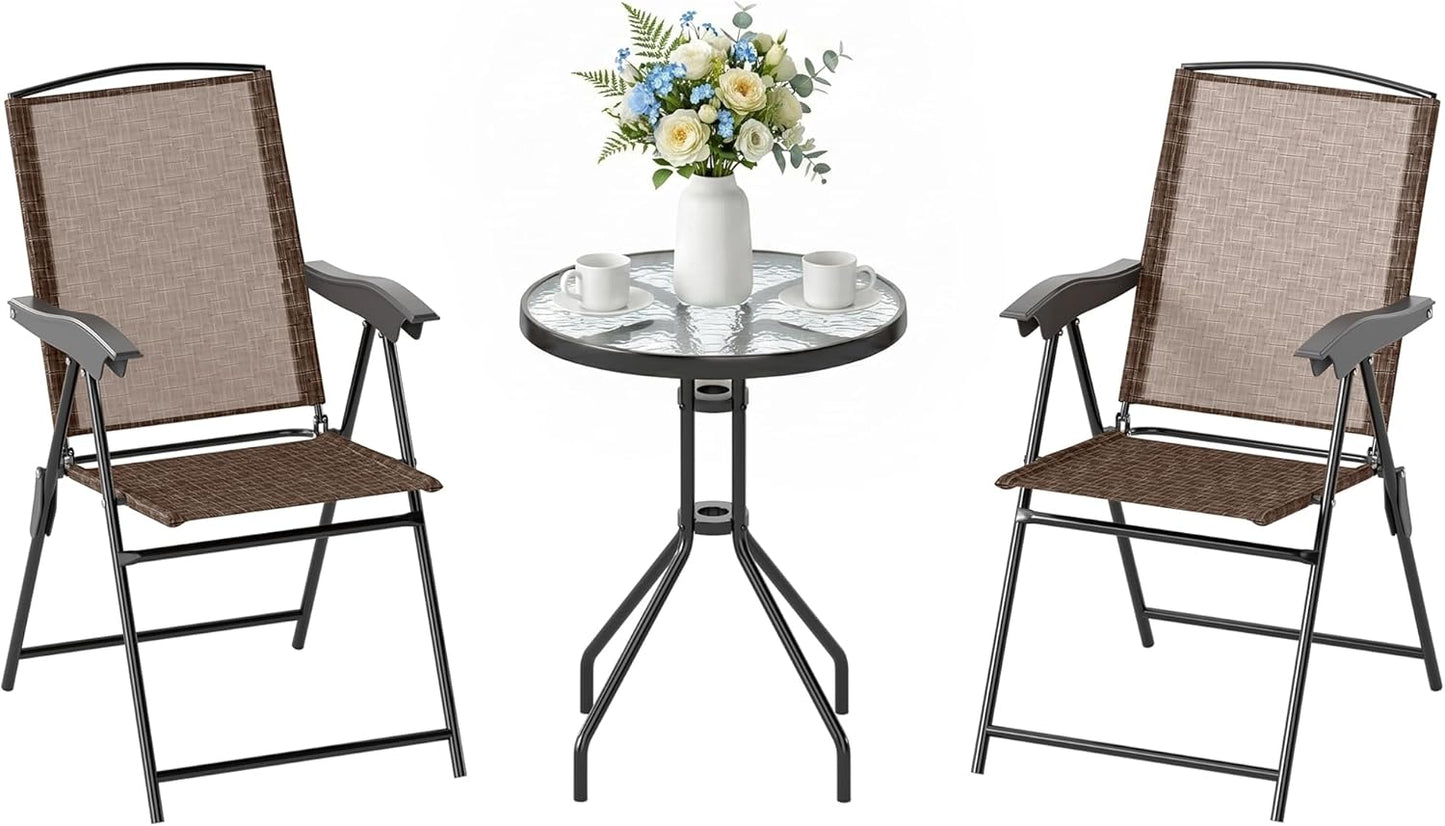 Set compatto da giardino con tavolino e due sedie pieghevoli in colore marrone