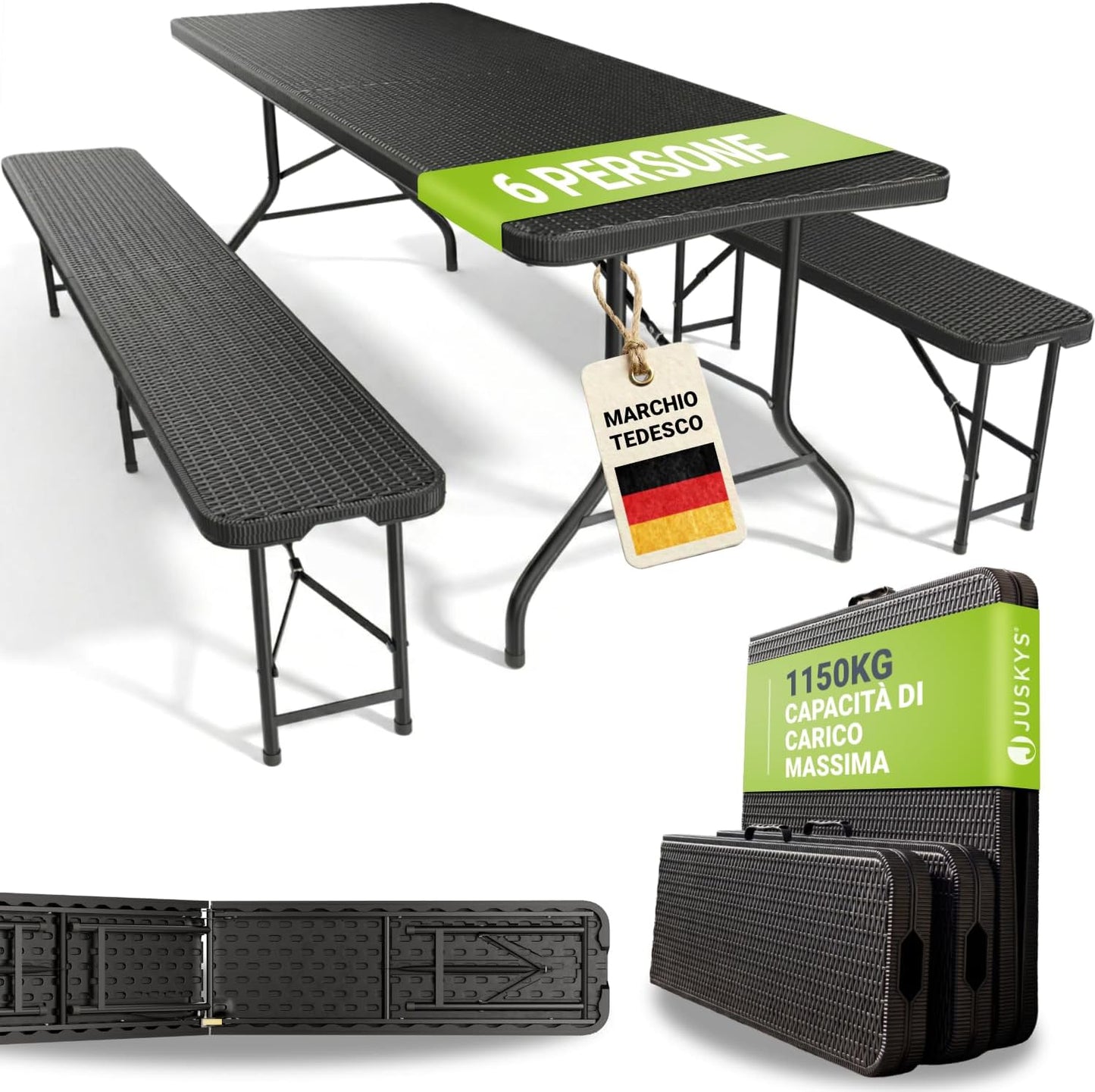Set tavolo e panche da birreria pieghevole 3 pezzi effetto rattan 180 x 74 x 74 cm per giardino e campeggio