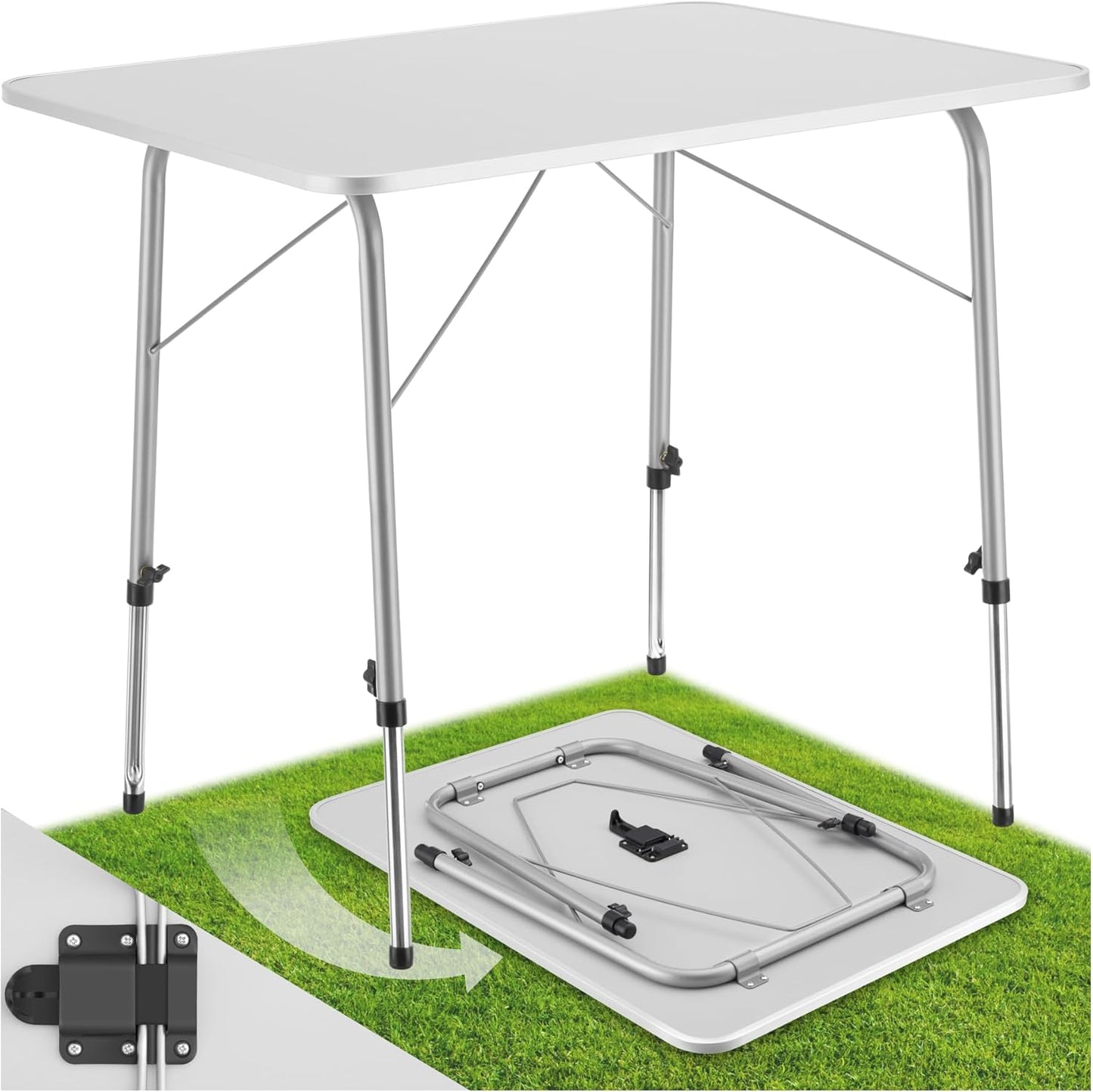 Tavolino pieghevole da campeggio regolabile in altezza 80 x 60 x 68 cm con struttura portatile grigia