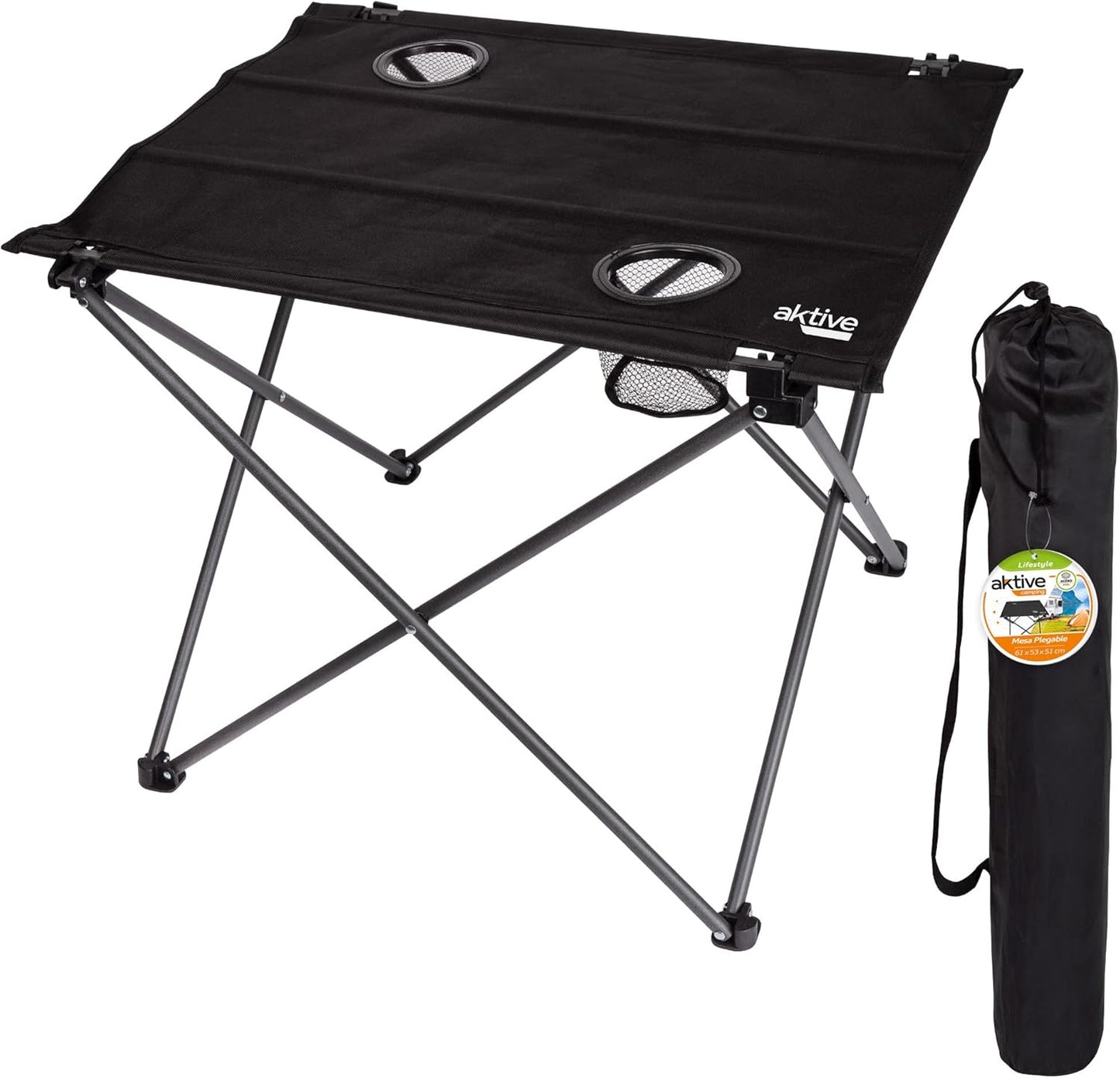 Tavolo da Campeggio Pieghevole in Tessuto 61x50x51 cm con Gambe in Acciaio Nero