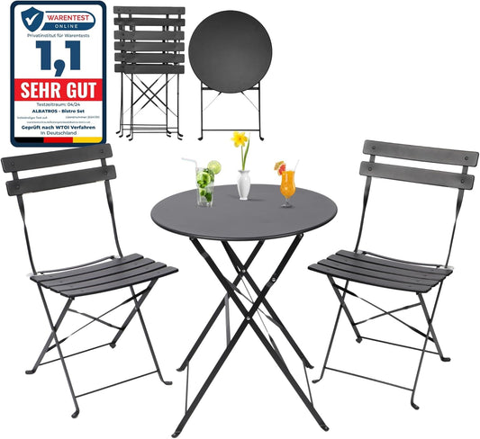 Set Bistrot da Esterno 3 Pezzi con Tavolo e 2 Sedie Pieghevoli in Metallo Nero
