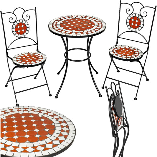 Set da esterno con tavolino e sedie pieghevoli effetto mosaico con struttura metallica marrone