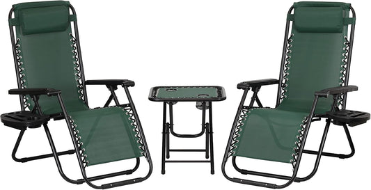 Set bistrot da esterno con due sedie sdraio e tavolino pieghevole in textilene verde