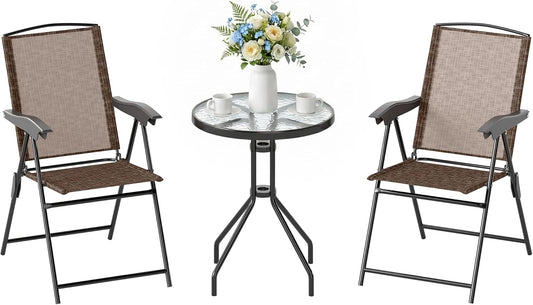 Set compatto da giardino con tavolino e due sedie pieghevoli in colore marrone