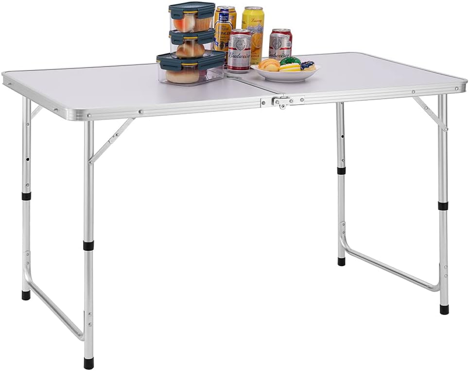 Tavolo picnic regolabile in altezza con telaio in alluminio richiudibile 60 x 120 x 70 cm colore bianco
