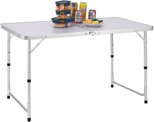 Tavolo picnic regolabile in altezza con telaio in alluminio richiudibile 60 x 120 x 70 cm colore bianco