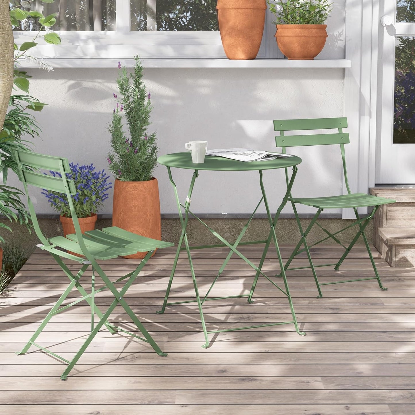 Set Bistrot Pieghevole da Balcone con Tavolo e 2 Sedie in Metallo Verde