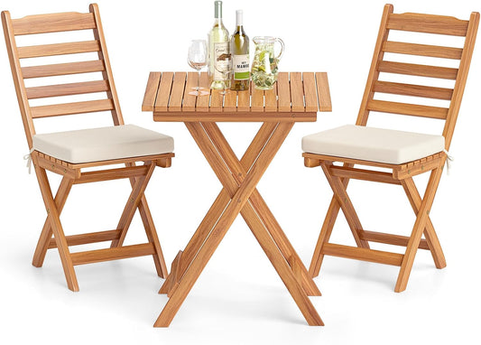 Set bistrot in legno acacia con tavolo e due sedie pieghevoli con cuscini per esterni