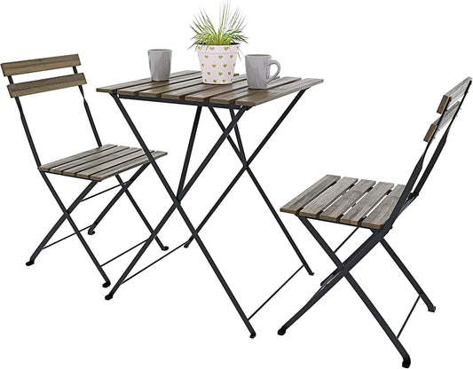Set da esterno con due sedie e tavolino pieghevole in acacia e metallo colore marrone