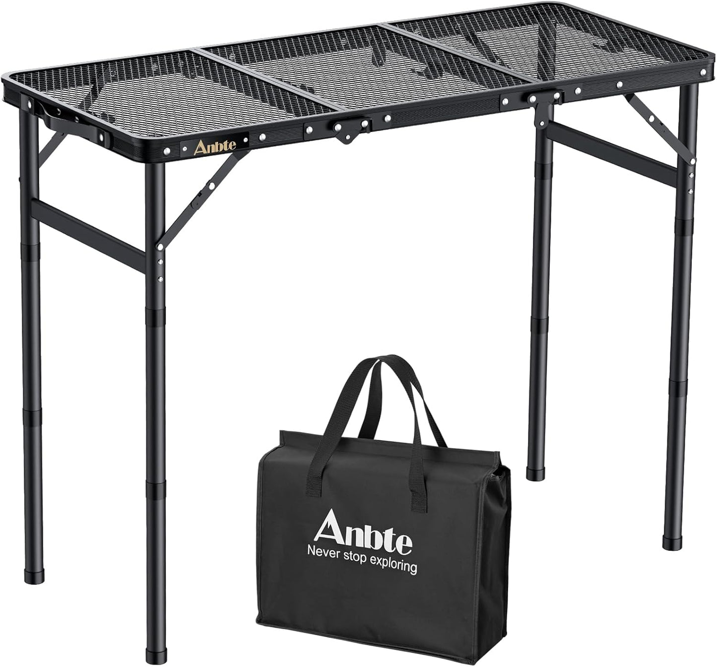 Tavolo portatile da campeggio in rete metallica pieghevole 88 x 40 x 70 cm con tre livelli regolabili nero
