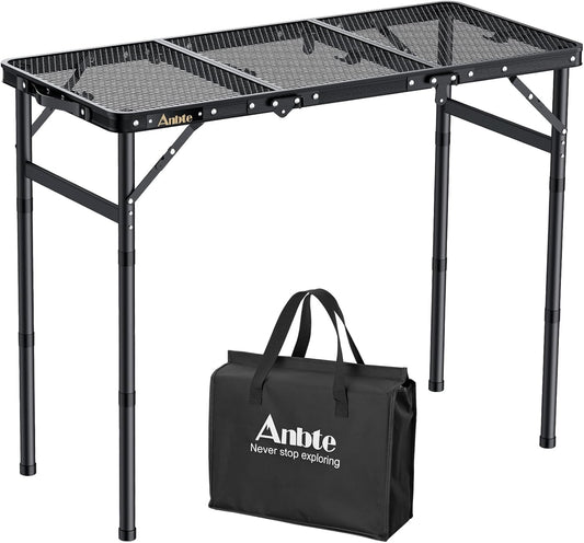 Tavolo portatile da campeggio in rete metallica pieghevole 88 x 40 x 70 cm con tre livelli regolabili nero