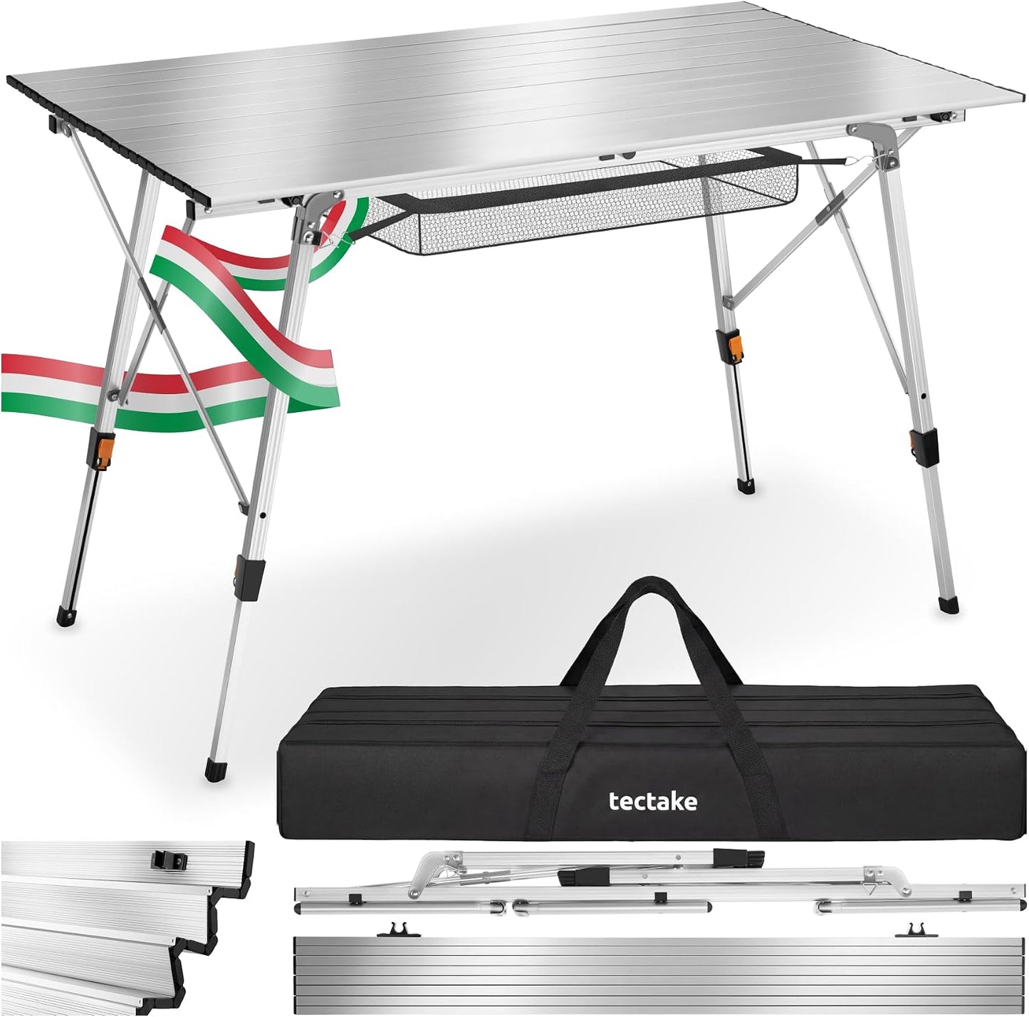 Tavolo da campeggio regolabile in altezza con piano in alluminio rete portaoggetti e borsa inclusa 90 x 52 x 47 70 cm